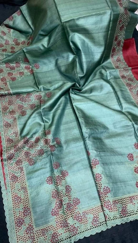 Silkmark Certified Pure Tussar Hand Cutwork Sky Turquoise Blue Color Saree (Tussar by Tussar Fabric)-8357 - Sarees | Buy online on ZillyBuy