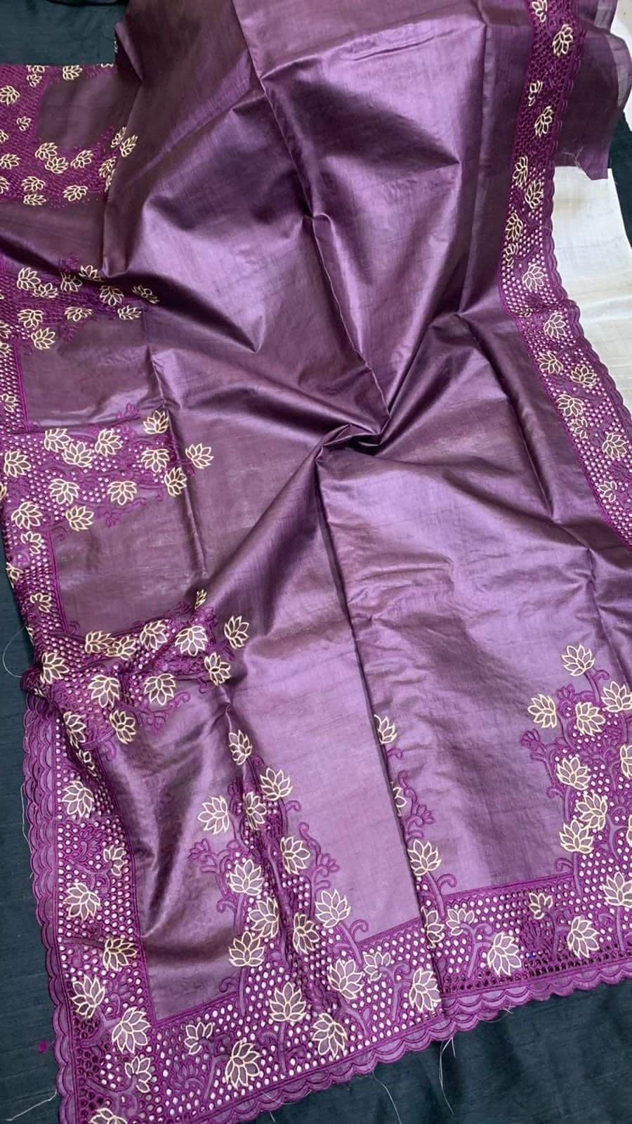 Silkmark Certified Pure Tussar Hand Cutwork Violet Color Saree (Tussar by Tussar Fabric)-6071