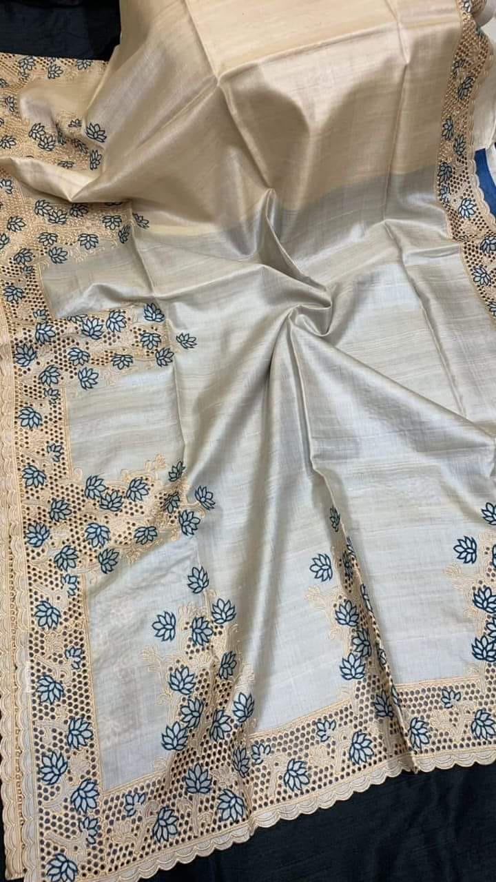 Silkmark Certified Pure Tussar Hand Cutwork Beige & Grey Color Saree (Tussar by Tussar Fabric)-9222