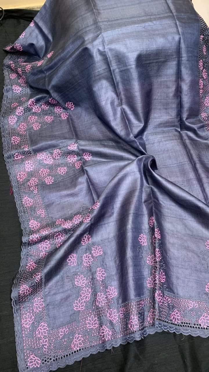Silkmark Certified Pure Tussar Hand Cutwork Light Lavender Blue Color Saree (Tussar by Tussar Fabric)-8156