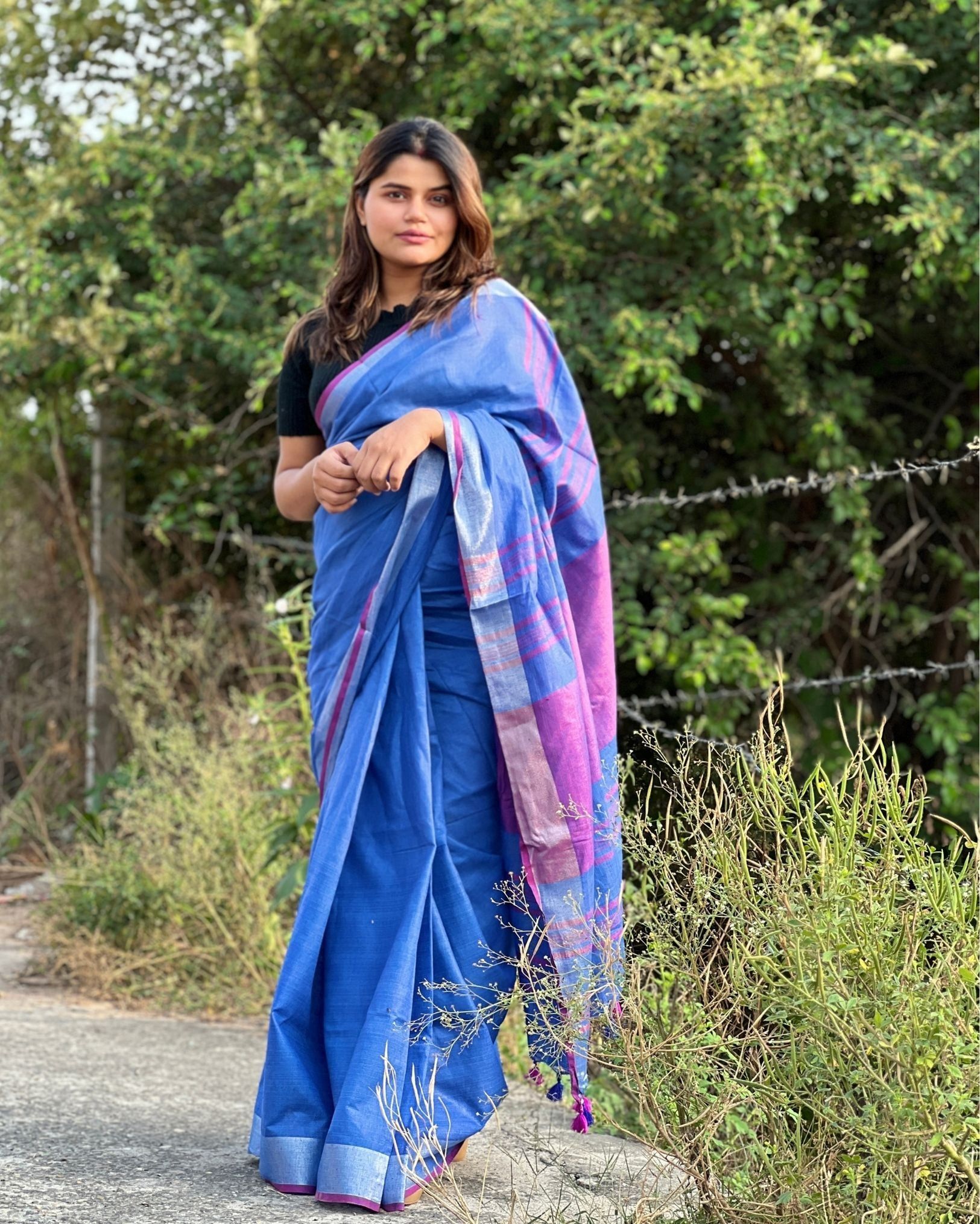 Pure Linen Plain Saree Blue Color with running blouse-3729