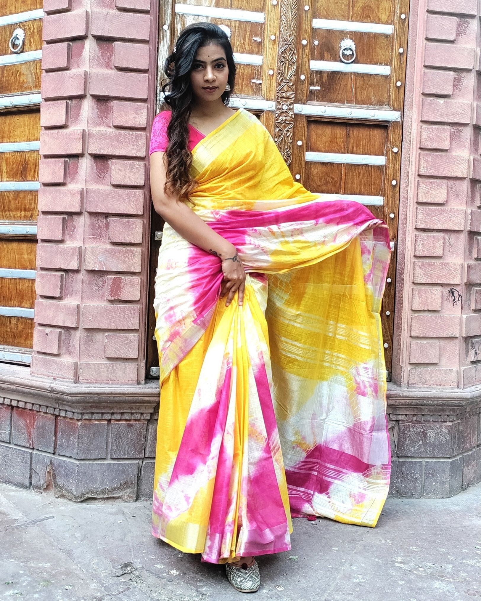 Cotton Linen Saree Yellow & Pink Color Shibori Hand Dyed with running blouse-1705