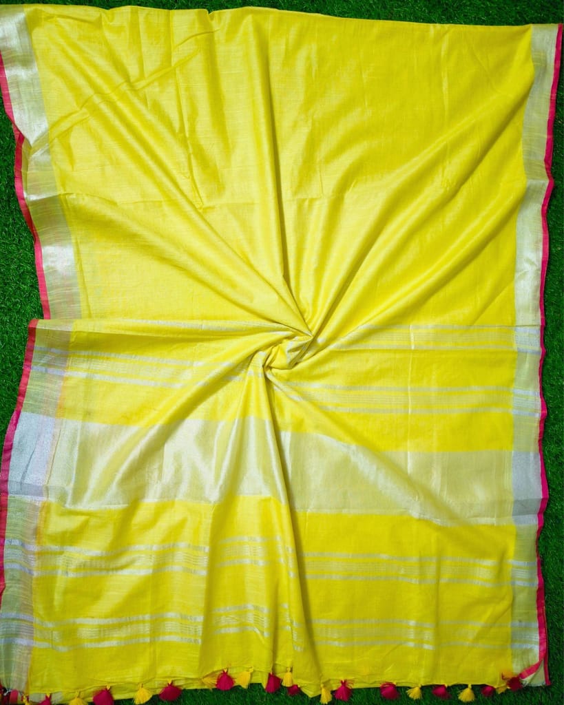 Slub Linen Saree Yellow Color Hand Dyed with Contrast Blouse-2654 - Sarees | Buy online on ZillyBuy