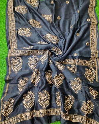 Chanderi Cotton Saree Block Print Black Color with running blouse-5656