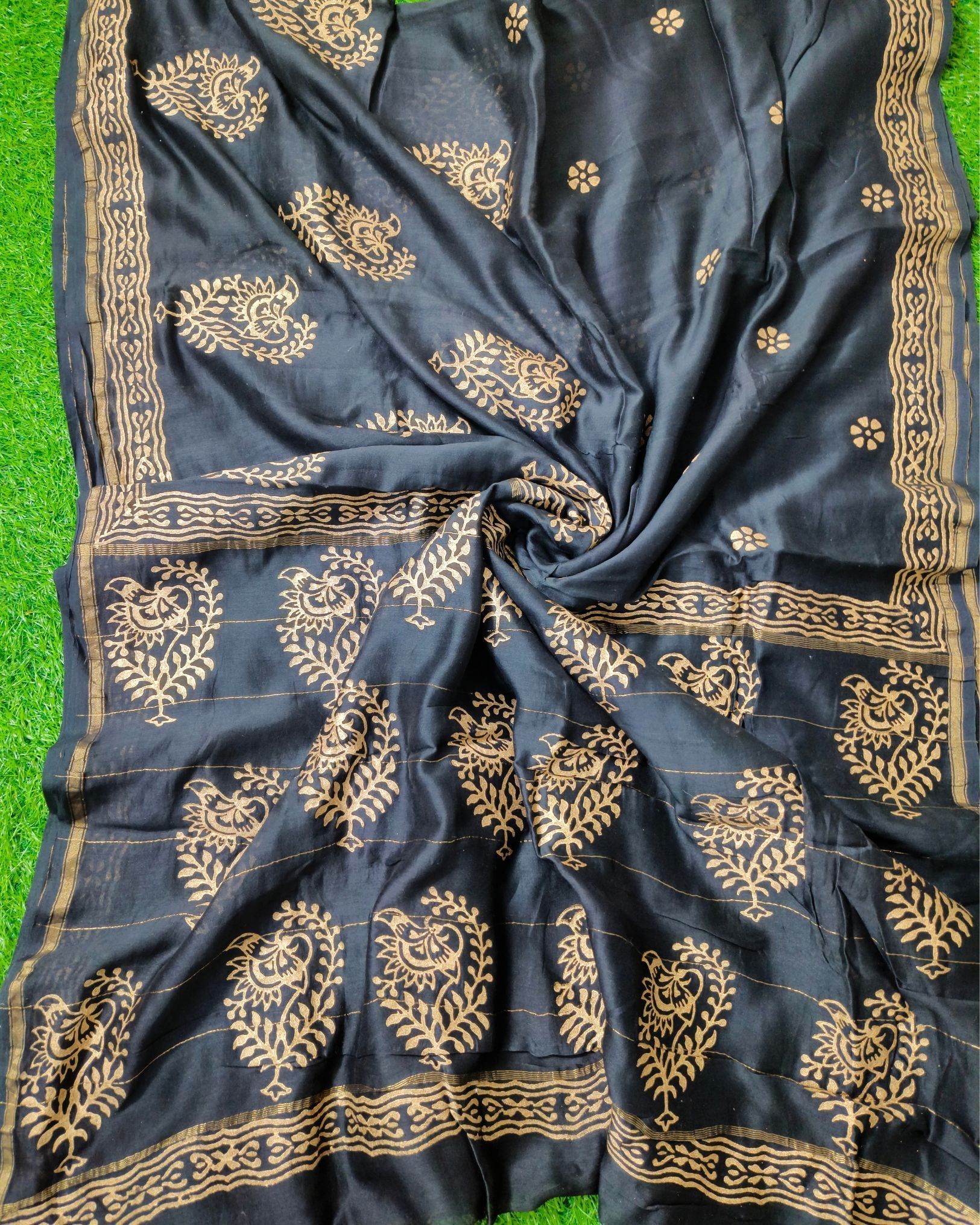 Chanderi Cotton Saree Block Print Black Color with running blouse-5656