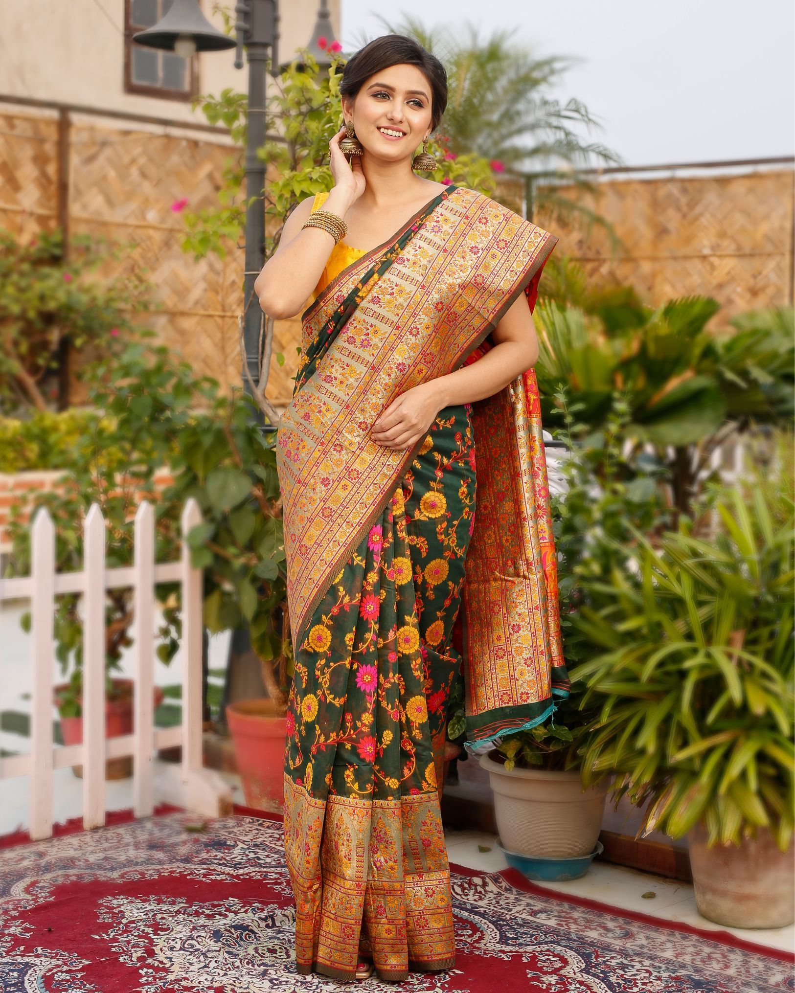 Banarasi Silk Saree Dark Green Color with contrast pallu and blouse-1161