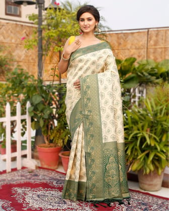 Banarasi Silk Saree Beige Color with contrast pallu and blouse-8804