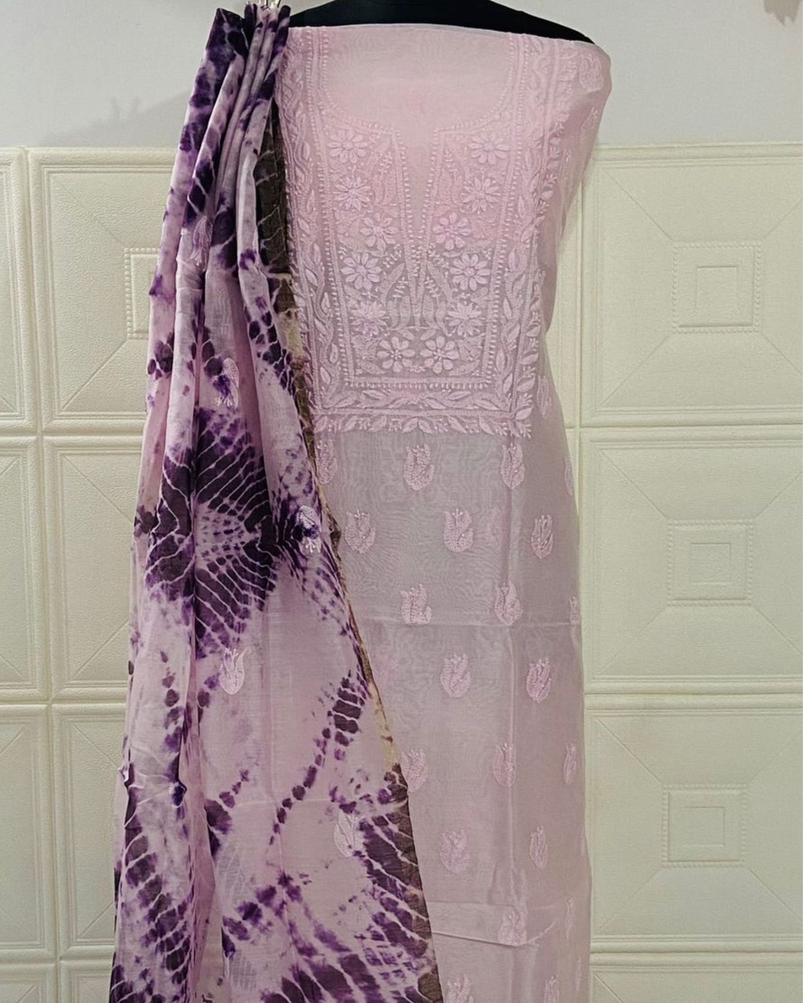 Pure Chanderi Silk Kurti Fabric Pale Pink Color with heavy Chikankari work Dupatta-6881