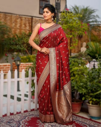 Banarasi Silk Saree Maroon Color with allover buti and blouse-4457