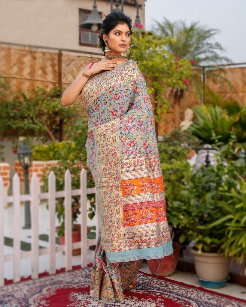 Banarasi Silk Saree Blue & Multi Color with contrast pallu and blouse-7066 - Sarees | Buy online on ZillyBuy