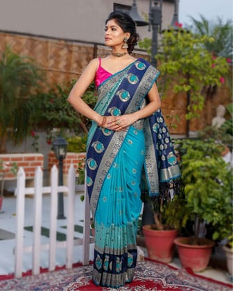 Banarasi Silk Saree Cyan Blue Color with Navy Blue Pallu and blouse-9807