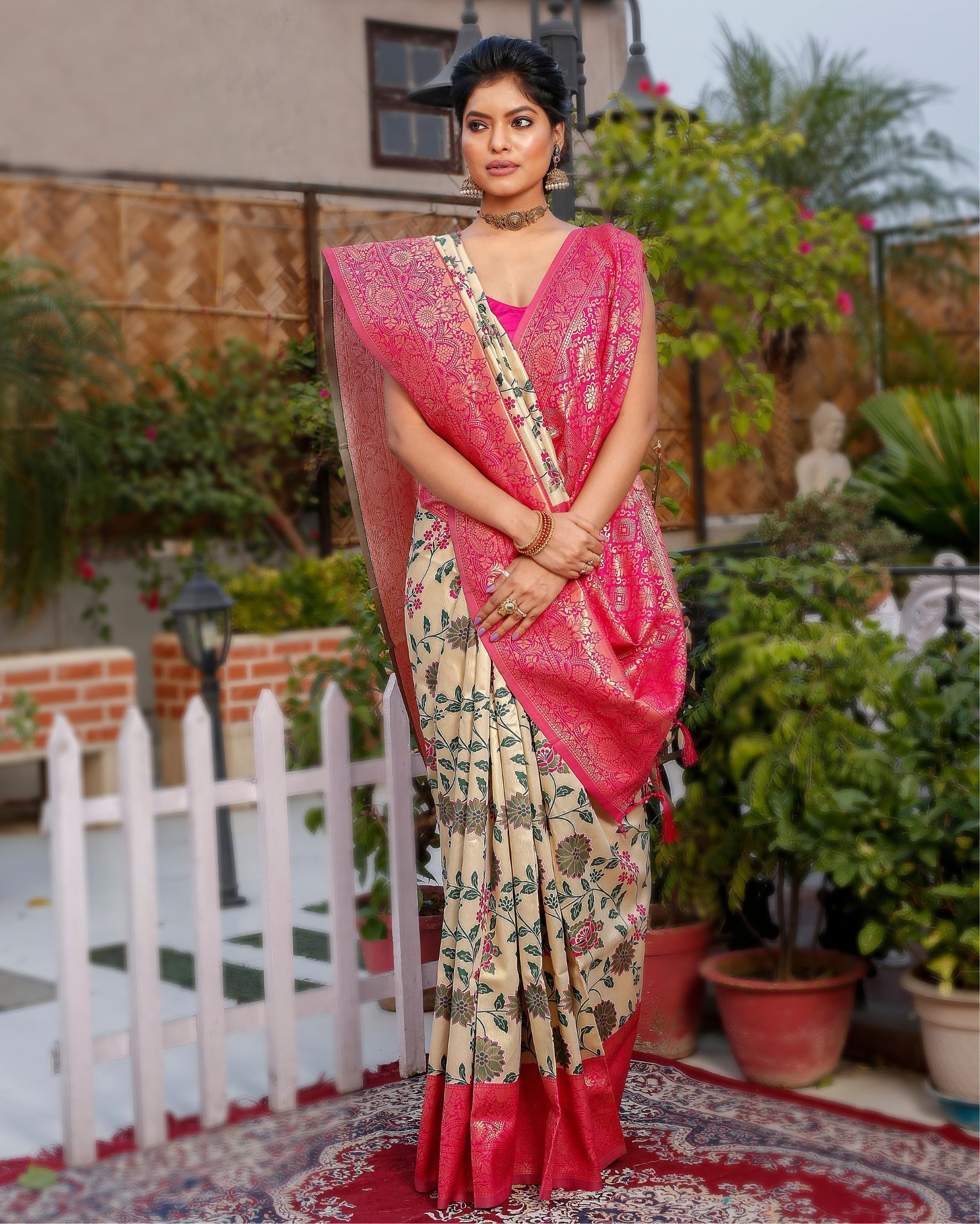Banarasi Silk Saree Beige Color with Rani Pink Pallu and blouse-2600