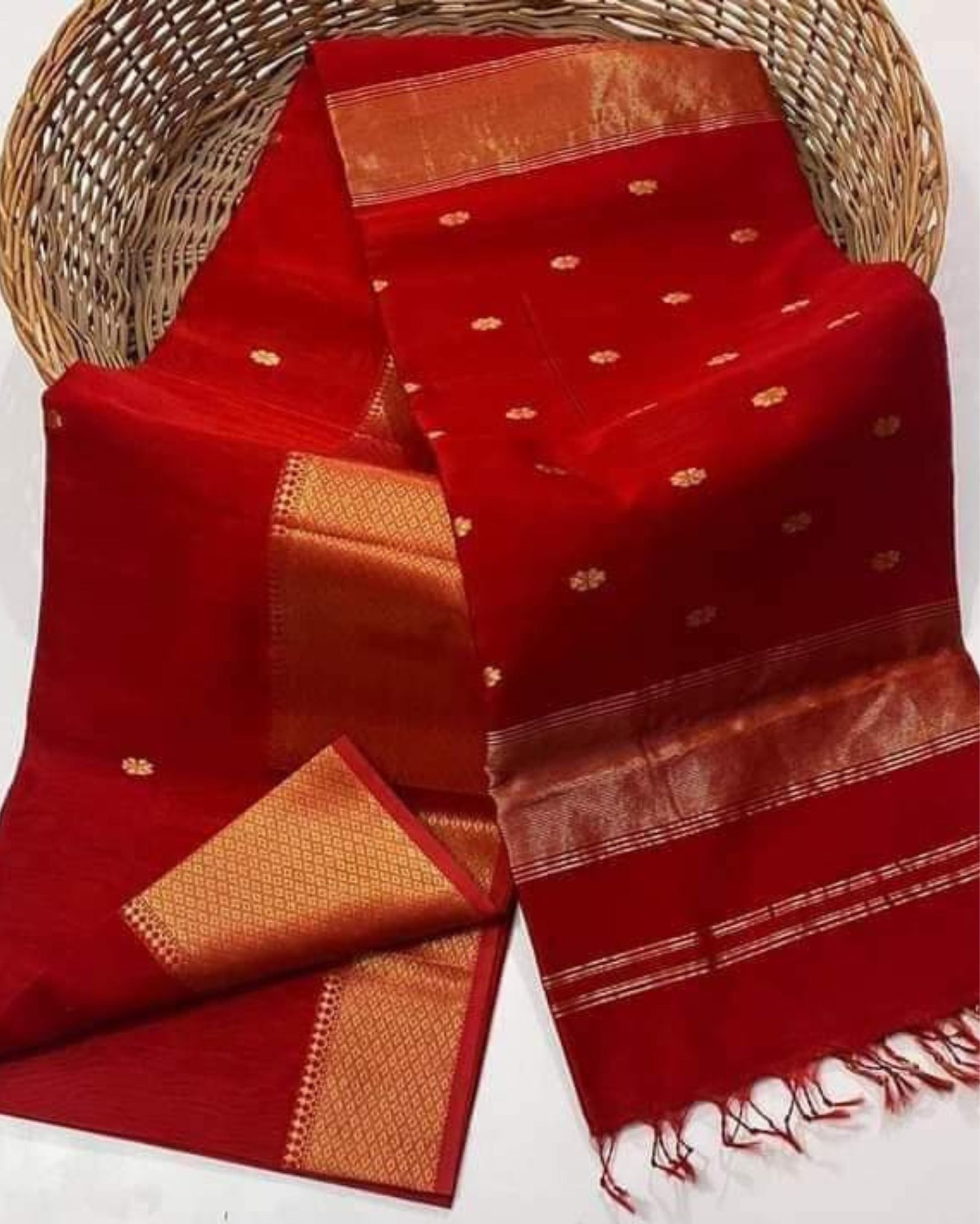Maheshwari Handloom Silk Saree Red Color with Golden Zari Double Design border Paan Buti Pallu and running blouse-6316