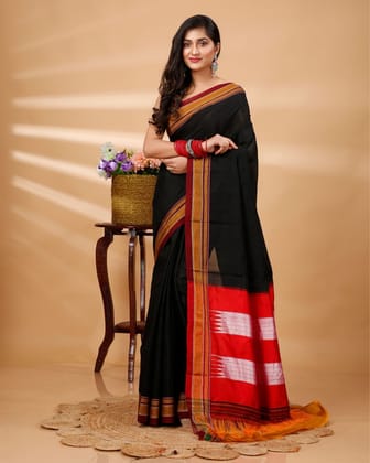 ILKAL Handloom Cotton Silk Saree Black Color with running blouse-7444