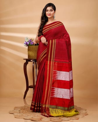 ILKAL Handloom Cotton Silk Saree Burgundy Red Color with running blouse-3858