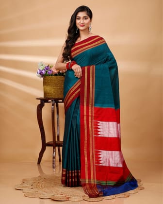 ILKAL Handloom Cotton Silk Saree Dark Turquoise Color with running blouse-7901