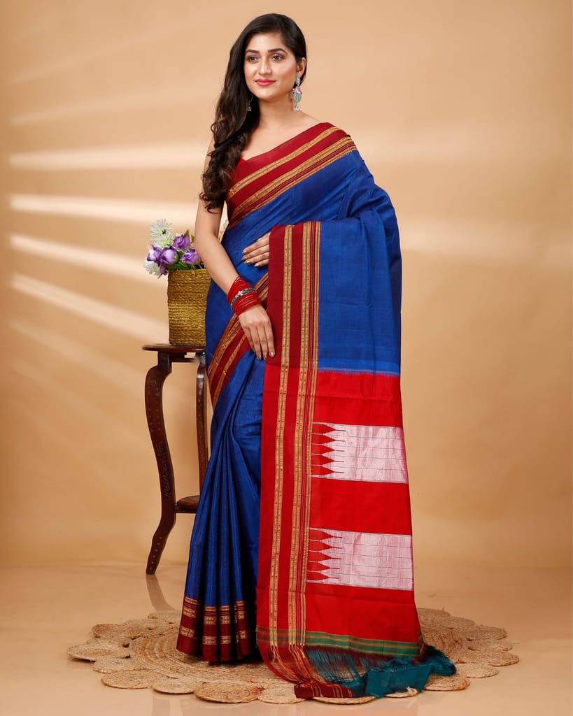 ILKAL Handloom Cotton Silk Saree Navy Blue Color with running blouse-1392 - Sarees | Buy online on ZillyBuy