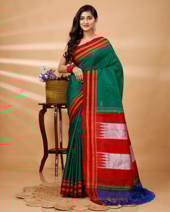 ILKAL Handloom Cotton Silk Saree Dark Green Color with running blouse-6628