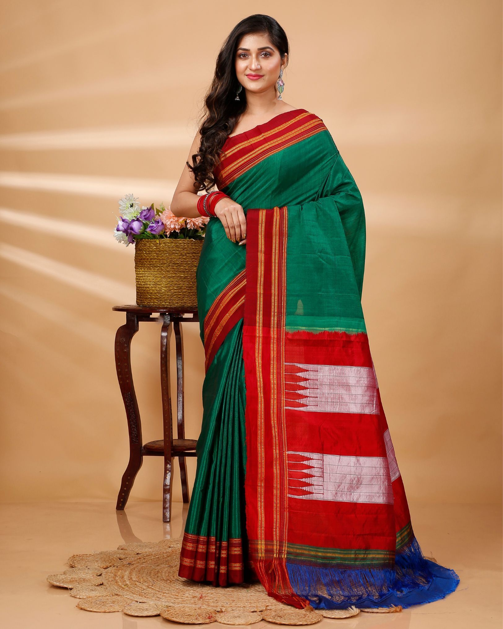 ILKAL Handloom Cotton Silk Saree Dark Green Color with running blouse-6628