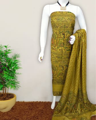 Katan Silk Suit Mustard Yellow Color Madhubani Print-8813