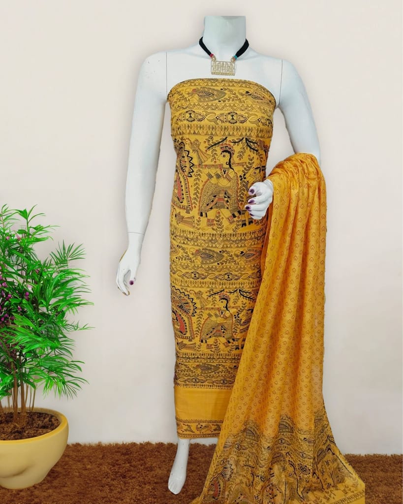 Katan Silk Suit Golden Yellow Color Madhubani Print-5684 - Kurtas & Kurta Sets | Buy online on ZillyBuy