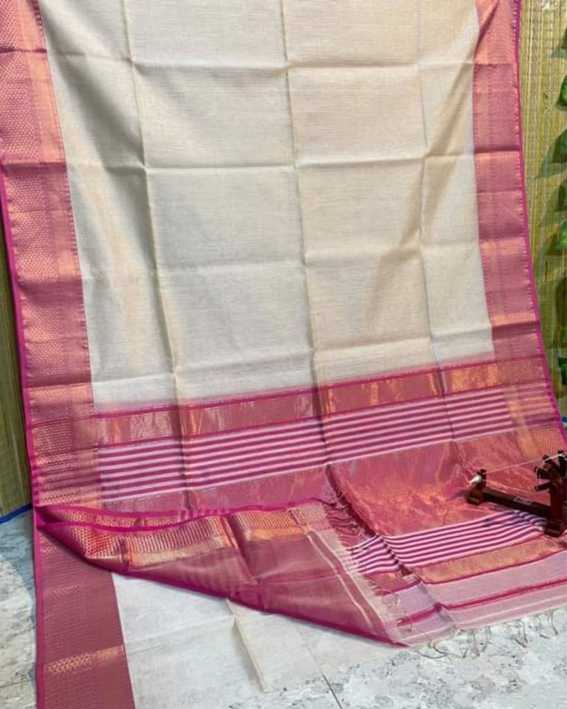 Pure Maheshwari Handwoven Tissue Silk Saree Pastel Gray Color with running blouse-7124 - Sarees | Buy online on ZillyBuy
