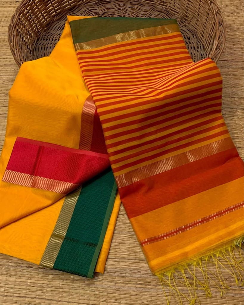Maheshwari Handloom Silk by Cotton Saree Bright Yellow Color with Ganga Jamuna Resham border and contrast Rani Pink blouse-4602 - Sarees | Buy online on ZillyBuy
