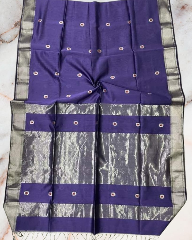 Pure Maheshwari Silk Saree Royal Purple Color Handloom Handwoven Single Design Zari Border with Flower Buti Pallu and contrast blouse-5538 - Sarees | Buy online on ZillyBuy