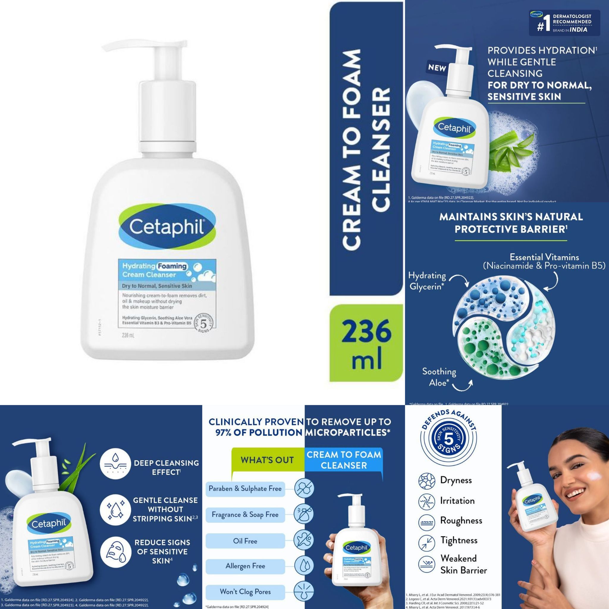 Cetaphil Hydrating Foaming Cream Cleanser for All skin types with Niacinamide and Aloevera (236ml)