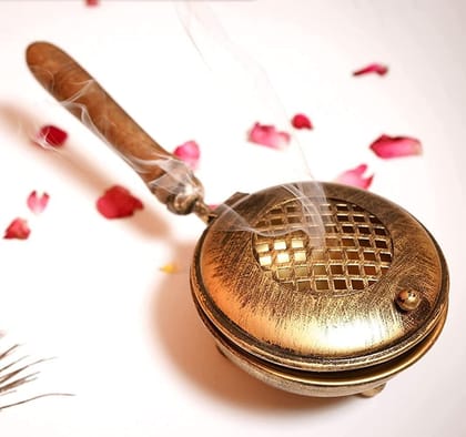 Samy Collectable Brass Charcoal Incense Burner - Ideal for Loban, Sambrani Dhoop, Resin & Home Office Temple Prayer | Bakhoor Burner with Wooden Handle Samy Collectable Brass Charcoal Incense Burner - Ideal for Loban, Sambrani Dhoop, Resin & Home Office Temple Prayer | Bakhoor Burner with Wooden Handle