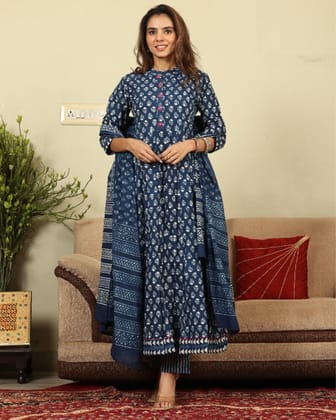 Anarakali Kurti Set Blue Color Bagru Handblock print with Mulmul Dupatta-2403