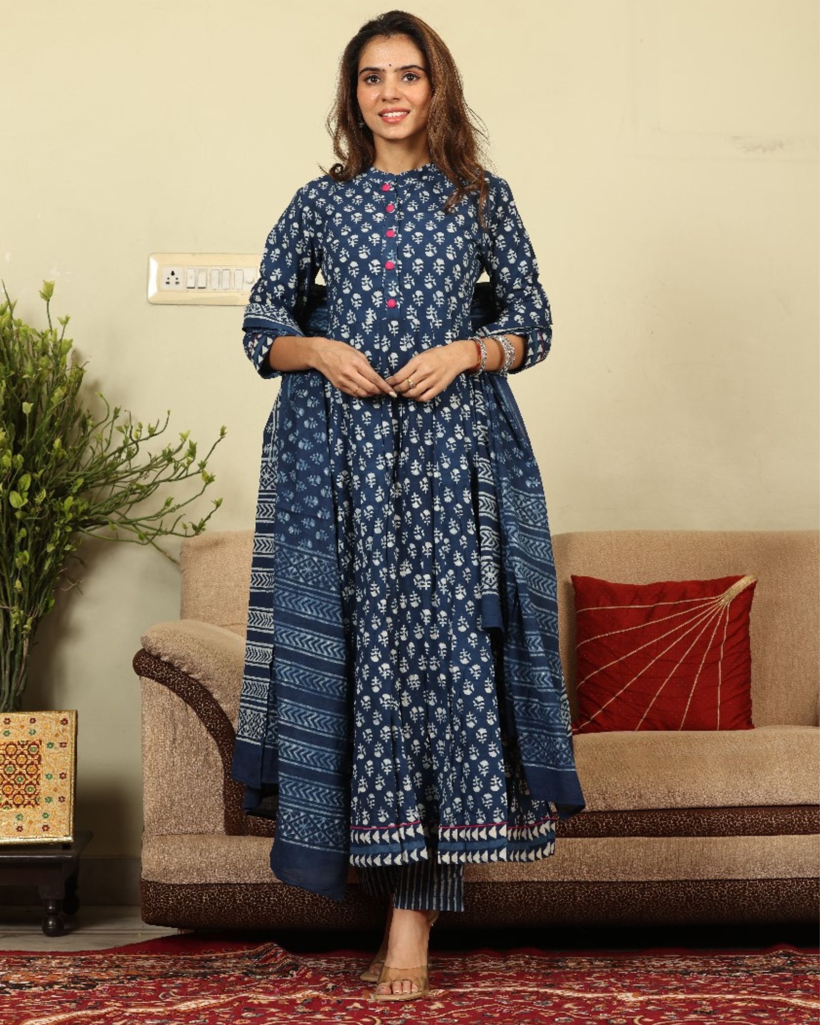 Anarakali Kurti Set Blue Color Bagru Handblock print with Mulmul Dupatta-2403