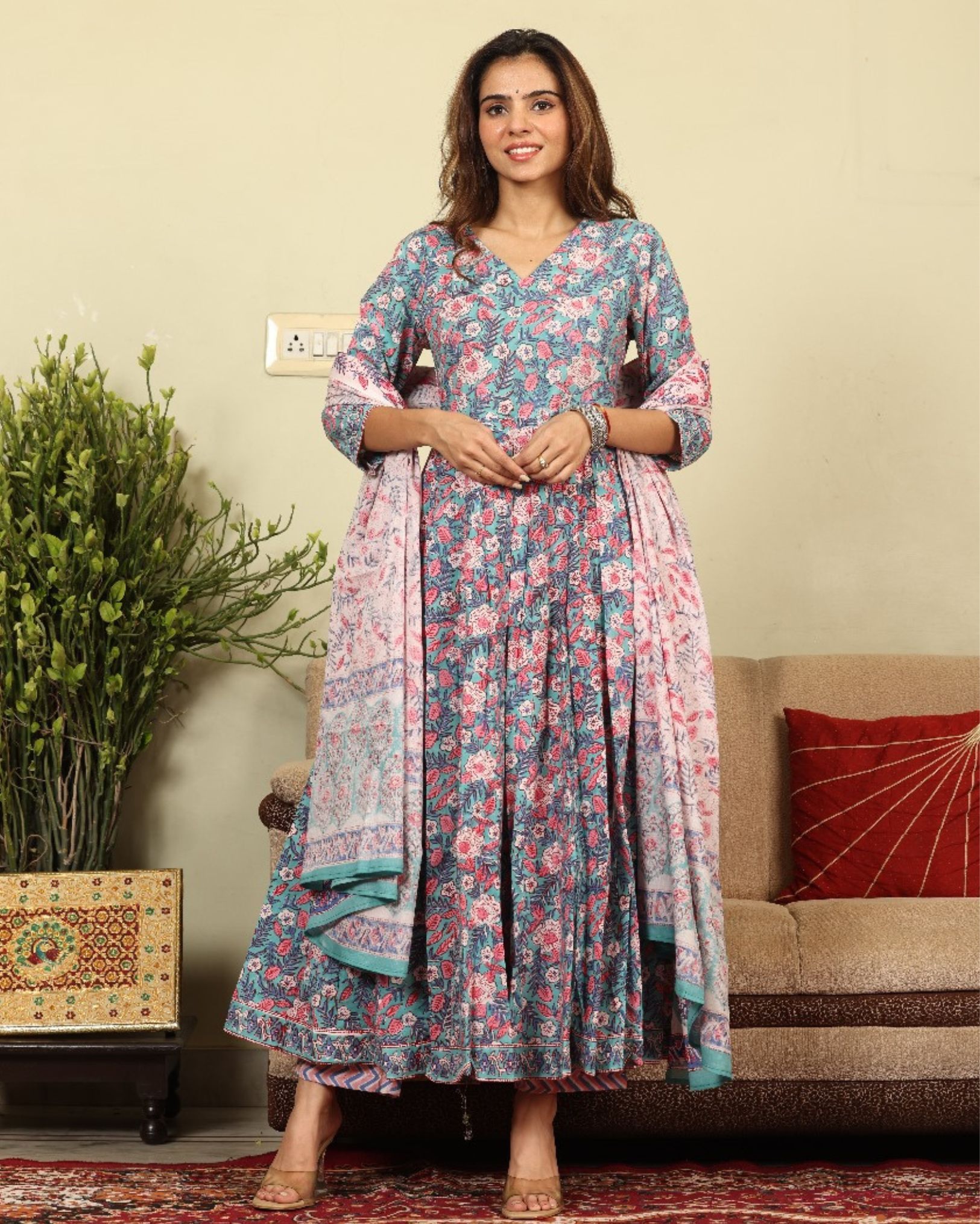 Anarakali Kurti Set Sky Blue Color Bagru Handblock print with Mulmul Dupatta-1454