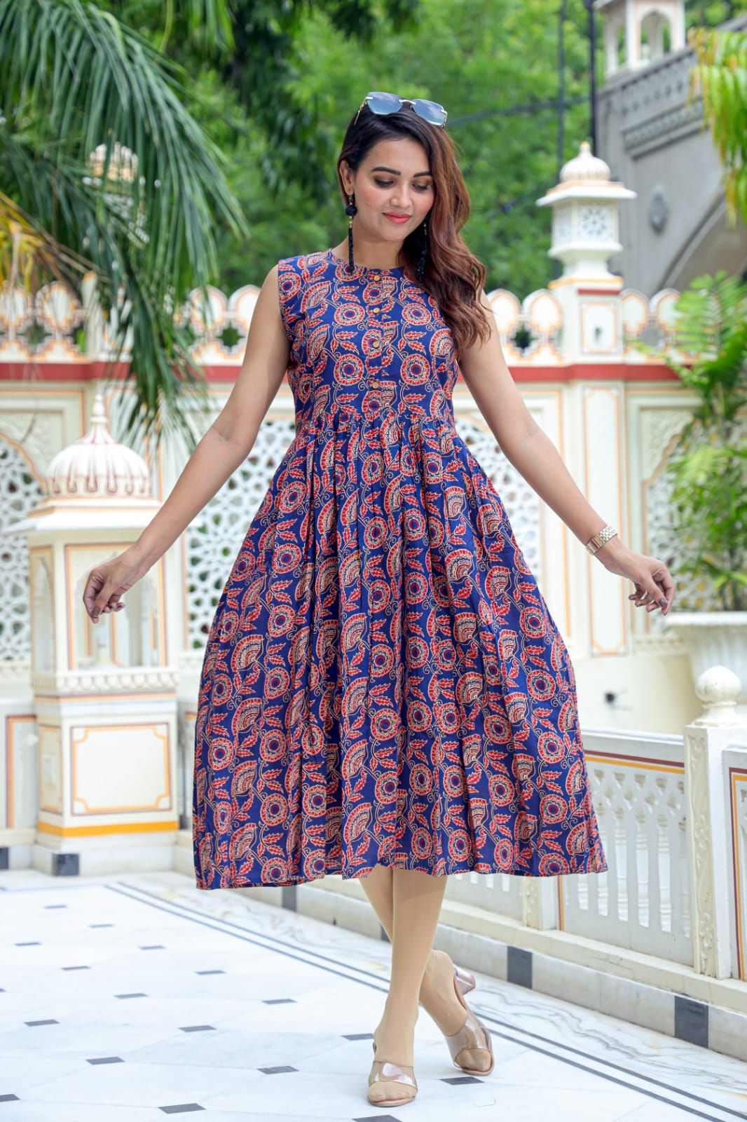 Pure Cotton (60*60) One Piece Dress Sleeveless Dark Blue Color Handblock Printed (Size: S-XXXL, 34-44)-3332