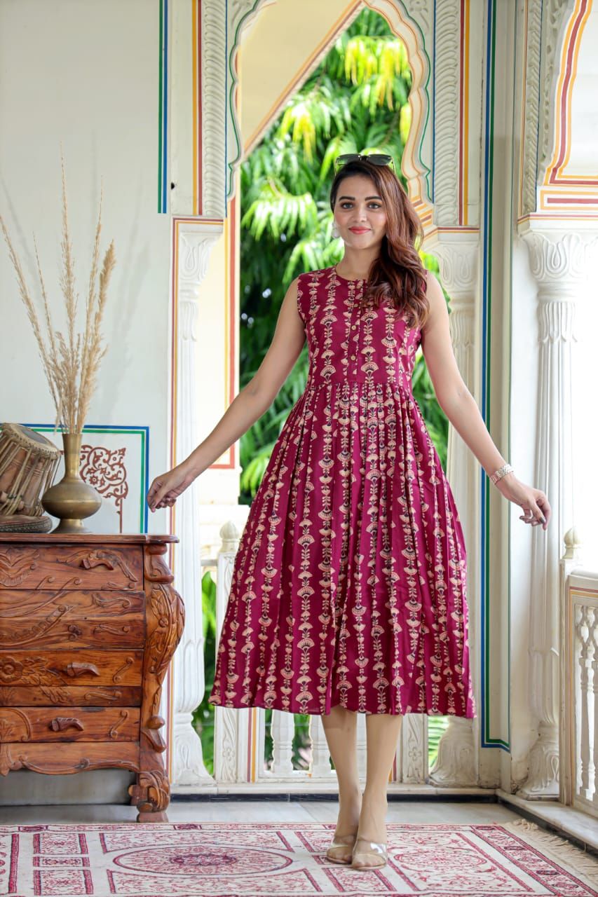 Pure Cotton (60*60) One Piece Dress Sleeveless Ruby Red Color Handblock Printed (Size: S-XXXL, 34-44)-8529