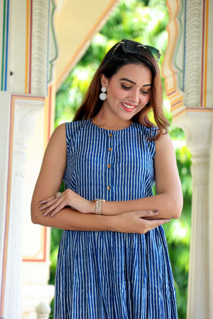 Pure Cotton (60*60) One Piece Dress Sleeveless Blue Color Handblock Printed (Size: S-XXXL, 34-44)-9482