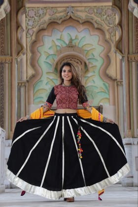 Handblock Printed Gota Patti Lehanga Choli with Mulmul Dupatta (Size: 38-46) Black & Red Color-8180