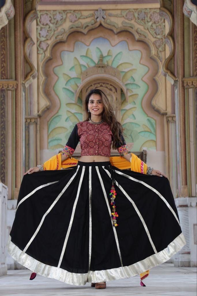 Handblock Printed Gota Patti Lehanga Choli with Mulmul Dupatta (Size: 38-46) Black & Red Color-8180