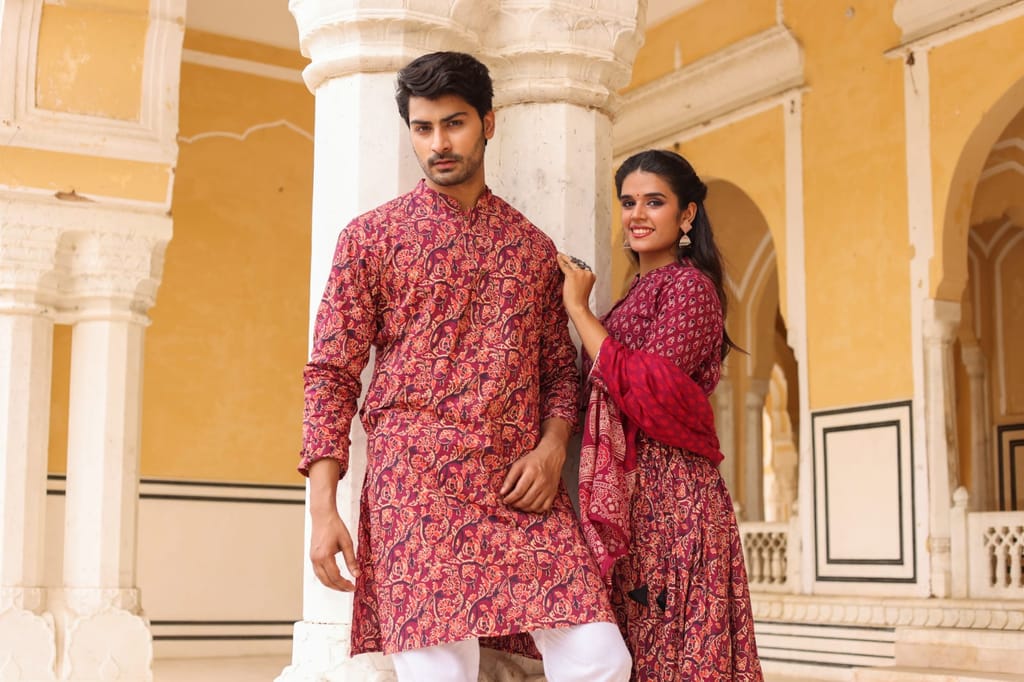 Handblock Printed Cotton Lehanga with Mulmul Dupatta and Kurta Pyjama Combo (Size: 32-46) Rose Red Color-5679 - Kurtas & Kurta Sets | Buy online on ZillyBuy