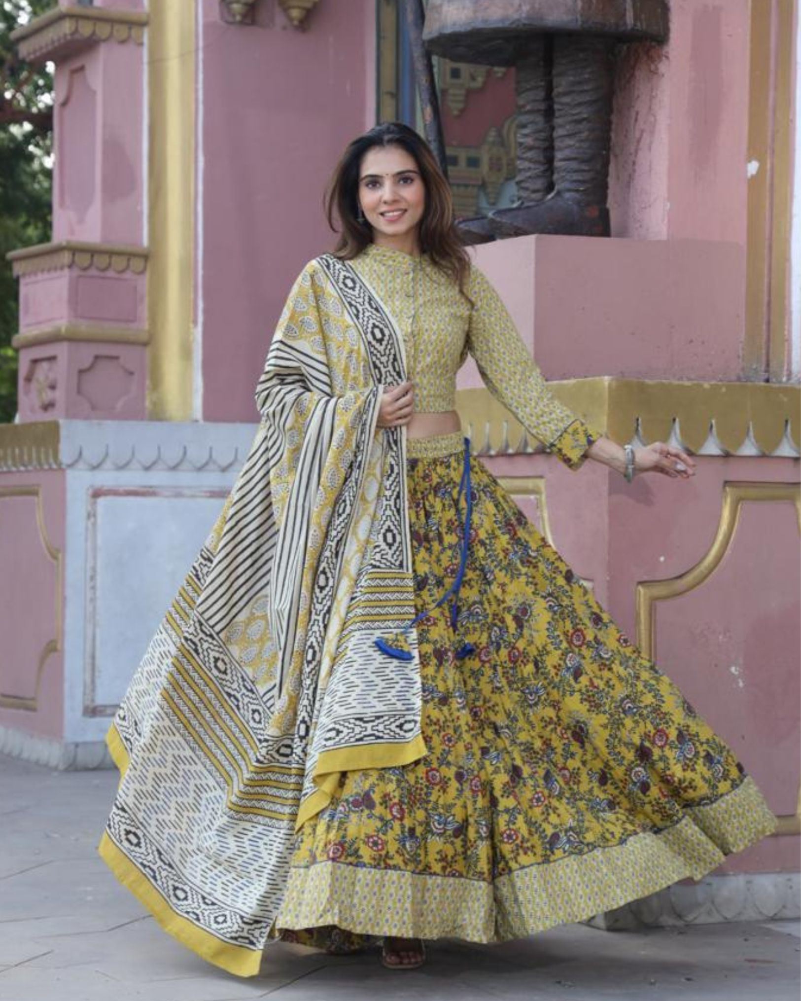 Handblock Printed Cotton Lehanga And Top With Mulmul Dupatta (Size 34-46) Mustard Yellow Color-4484