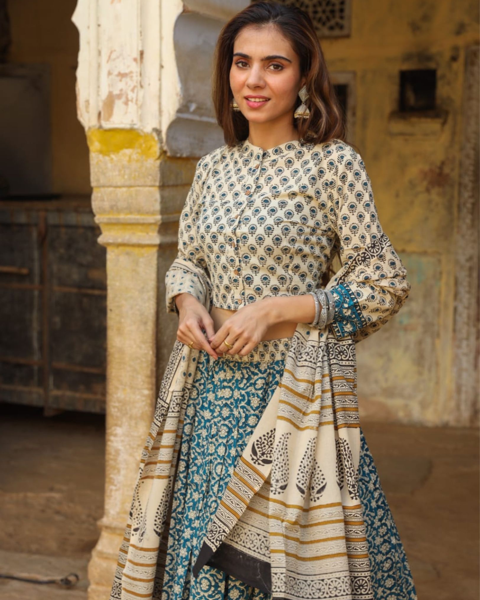 Handblock Printed Cotton Lehanga And Top With Mulmul Dupatta (Size 34-46) Beige Color-7337