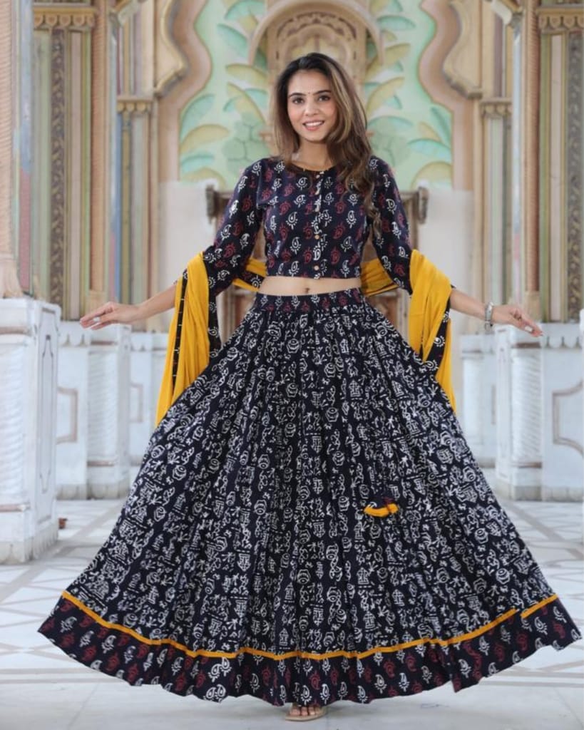 Handblock Printed Cotton Lehanga And Top With Mulmul Dupatta (Size 34-46) Black Color-3320 - Kurtas & Kurta Sets | Buy online on ZillyBuy