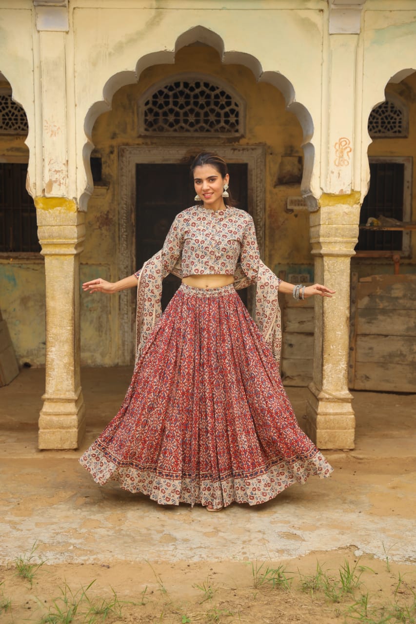 Handblock Printed Cotton Lehanga And Top With Mulmul Dupatta (Size: 34-46) Beige & Red Color-1844