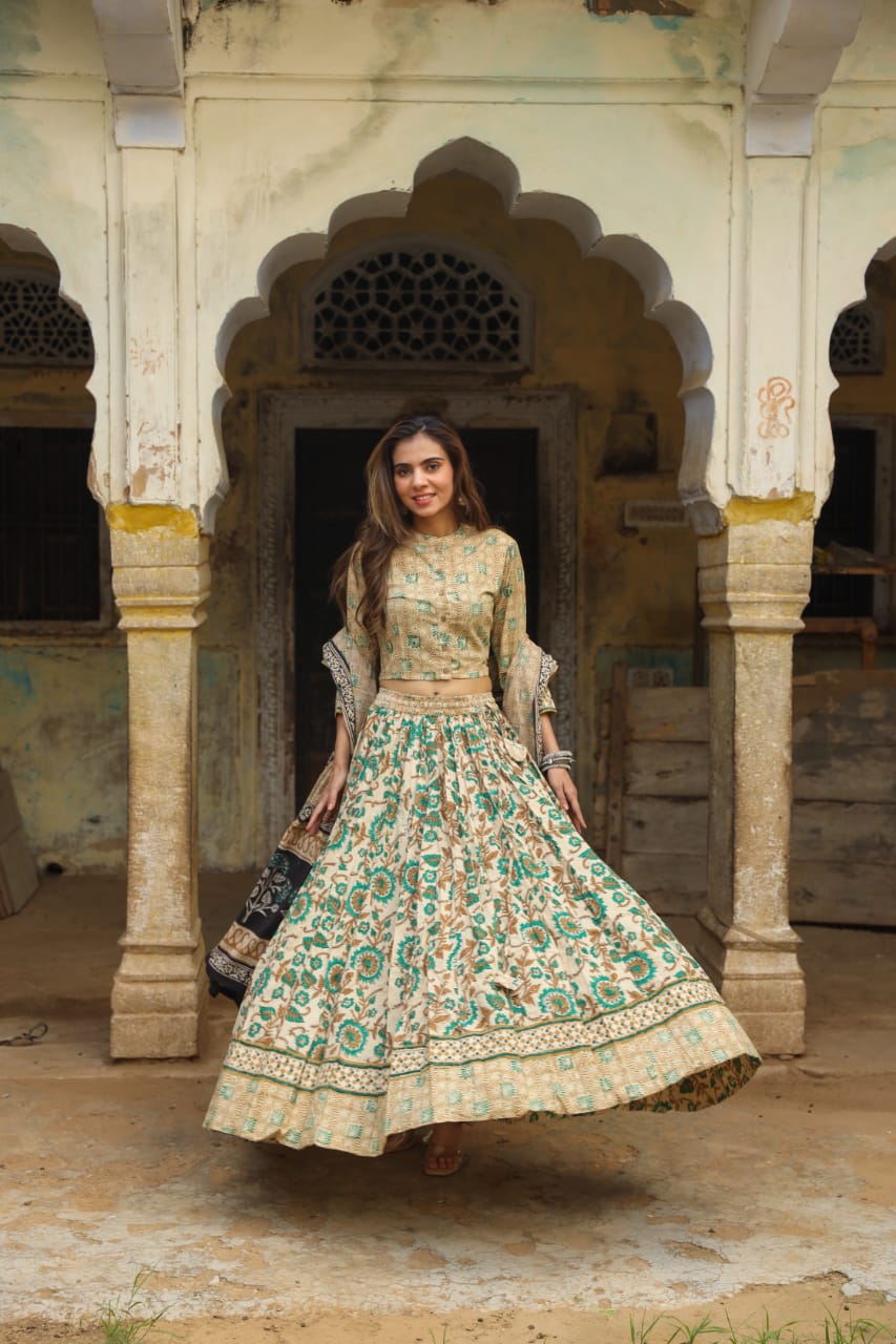 Handblock Printed Cotton Lehanga And Top With Mulmul Dupatta (Size: 34-46) Light Brown & Off White Color-1302