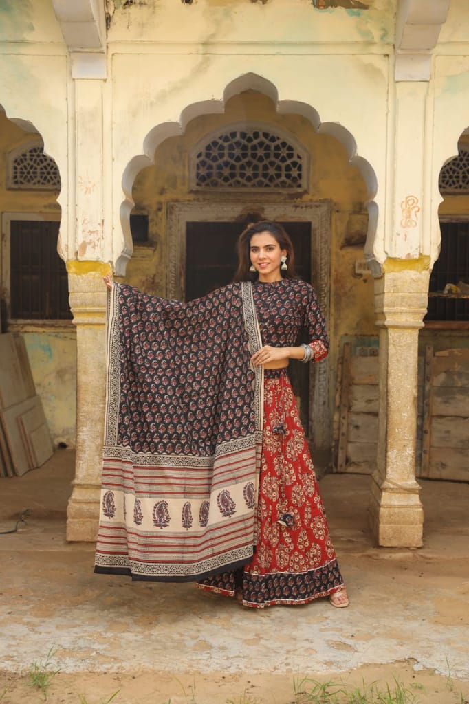 Handblock Printed Cotton Lehanga And Top With Mulmul Dupatta (Size: 34-46) Dark Grey & Red Color-2234 - Kurtas & Kurta Sets | Buy online on ZillyBuy