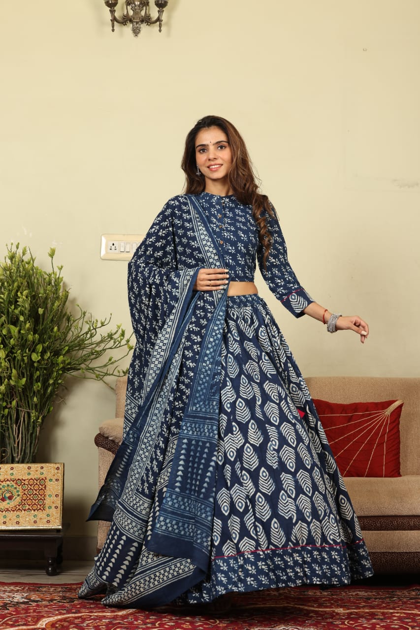 Handblock Printed Cotton Lehanga And Top With Mulmul Dupatta (Size: 34-46) Indigo Color-5344