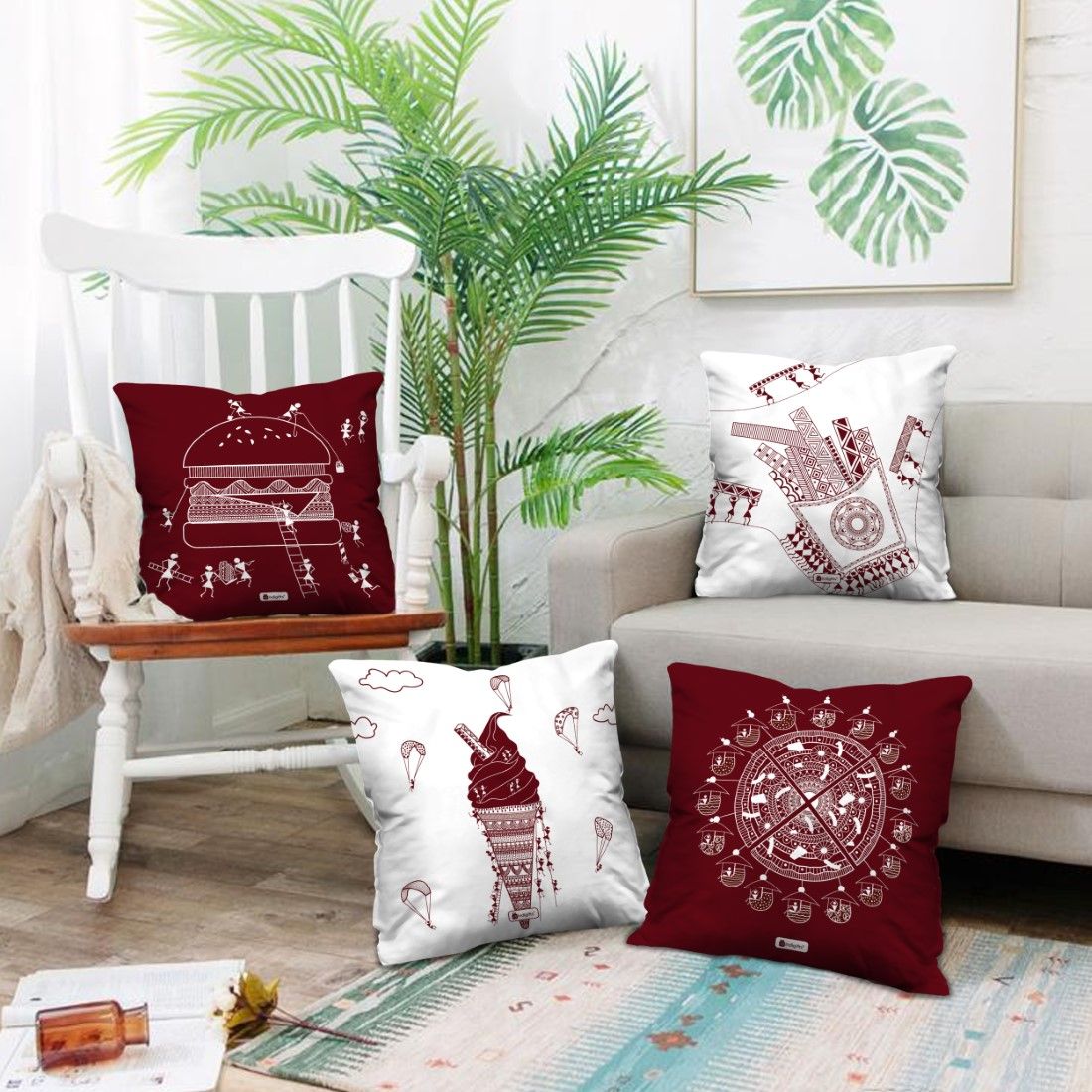 Indigifts Diwali Decoration for Home, Satin Small Warli Art Food Lovers Themed Ethnic Designer Printed Cushion Cover Square Pillow Set of 4 with Filler for Foodie - 12x12 Inch