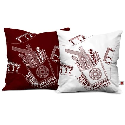 Indigifts Sofa Cushion Cover 18 Inch X 18 Inch Food Lovers Themed Ethnic Designer Printed Square Pillow Set of 2 - Diwali Decoration for Home, Warli Art Designer Print