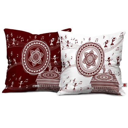 Indigifts Printed Sofa Cushion Covers 12 Inch X 12 Inch Music Lovers Warli Art Designer Square Pillow Set of 2 with Filler - Diwali Decoration for Home
