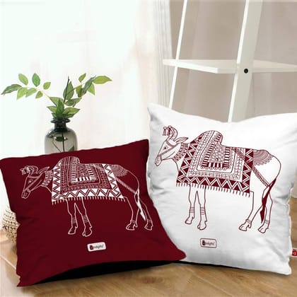 Indigifts Cushion Cover 16x16 Set of 2 Animal Pattern Digitally Printed Square Pillows - Diwali Decoration for Home, Warli Art Ethnic Print Cushions